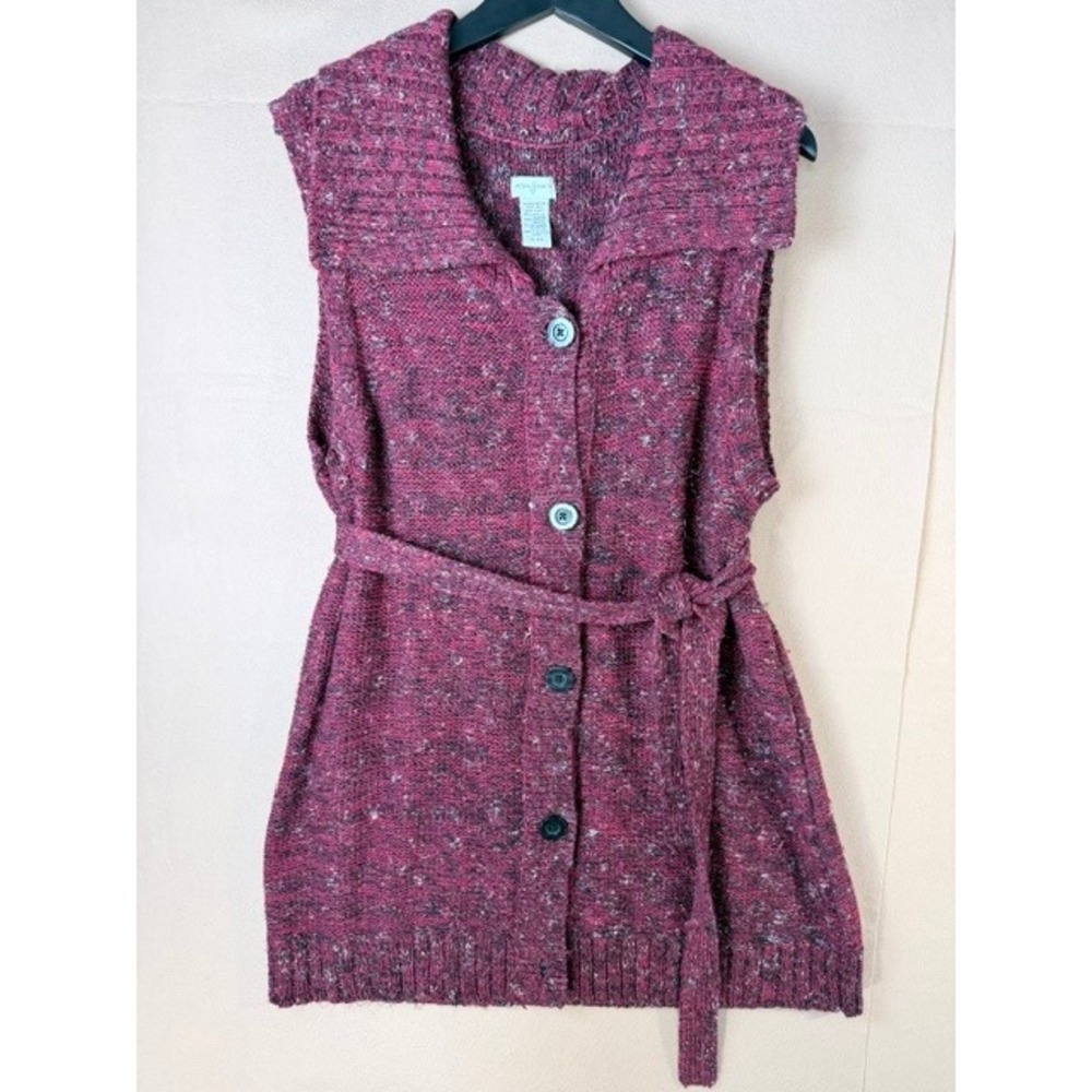 Jaclyn Smith XL Longline Cardigan Sweater Vest Belted Marled Burgundy